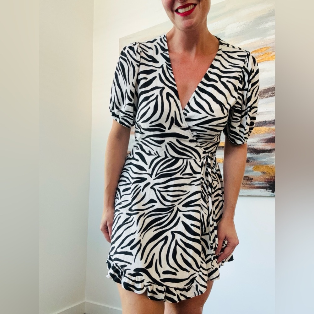 ZARA Zebra Print Linen Blend Wrap Dress